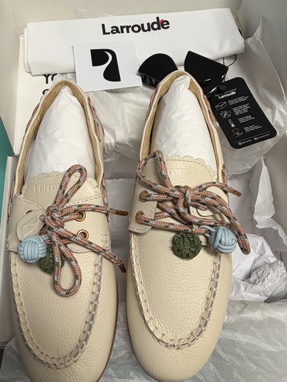 Larroude Cream Leather Moccasins